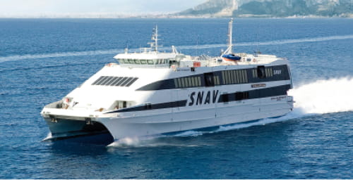 A SNAV high-speed ferry cruising through the ocean, showcasing the SNAV brand's passenger transportation services.