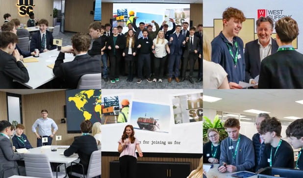 Six-image collage of students and MSC UK employees at the MSC Games event.