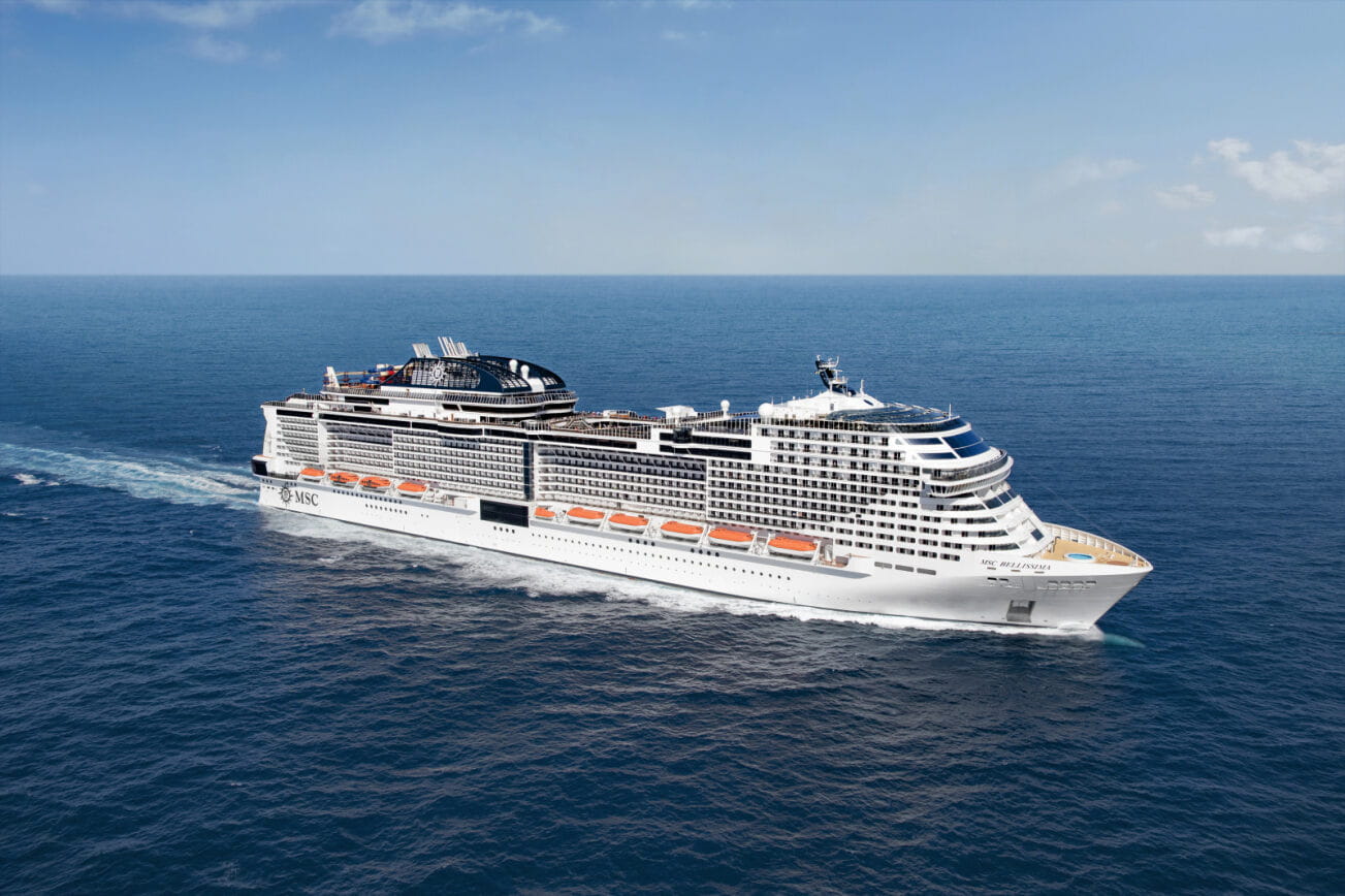 MSC Cruises’ “MSC Bellissima” sailing in the open, blue ocean